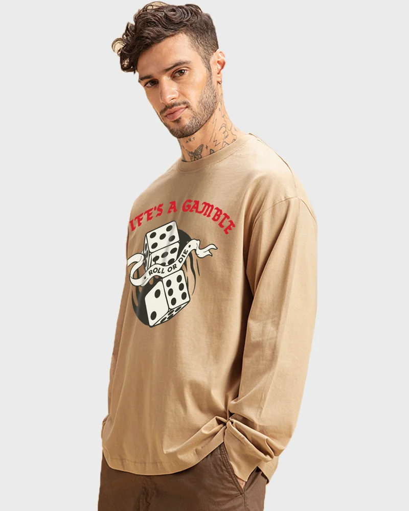 bewakoof Men's Ginger Root Brown Gamble Graphic Printed Oversized T-shirt